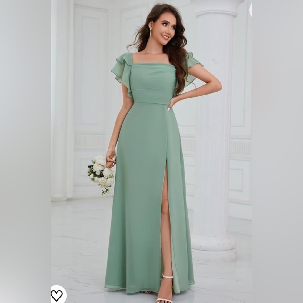 Long Chiffon Bridesmaid Dresses for Women A-Line Ruffles Wedding Dress with Slit - Picture 4 of 7